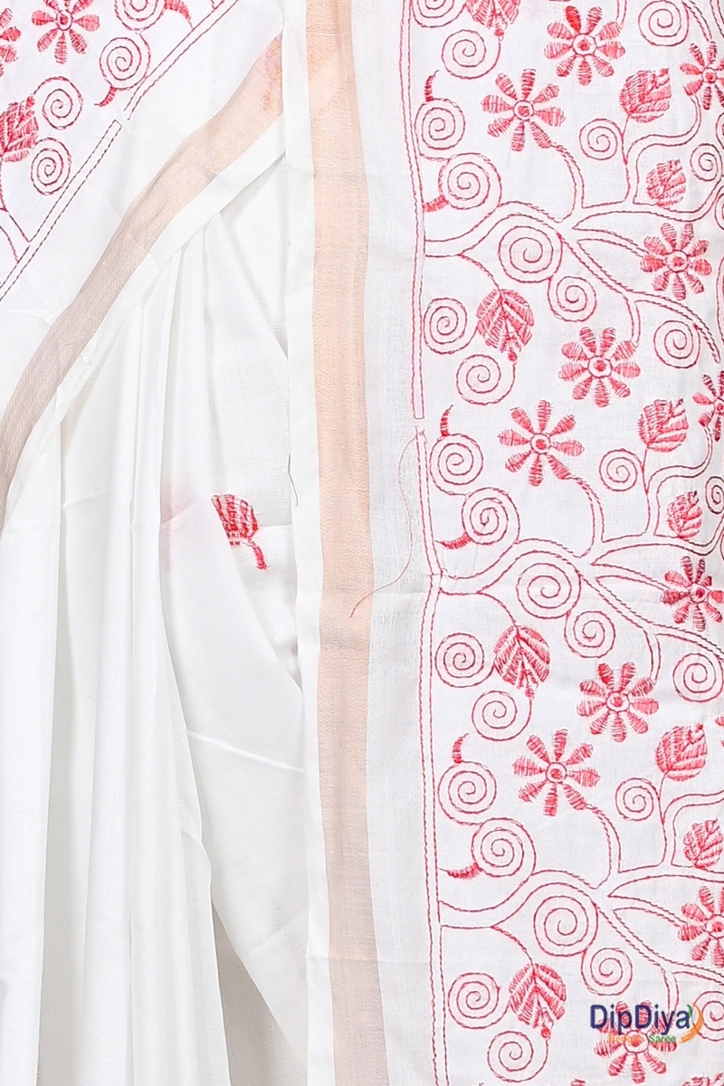 White Cotton Blended Paru Hand Loom Saree (529)